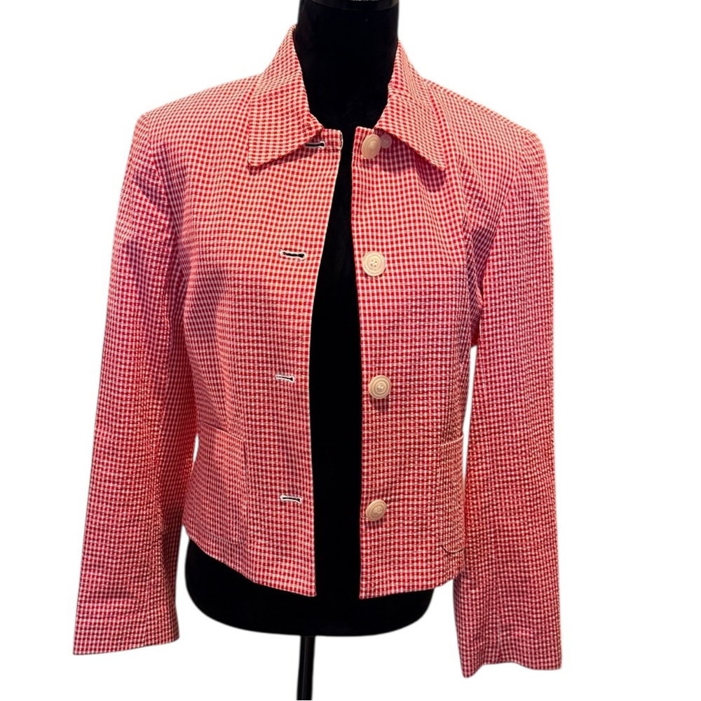 Gingham Red White Checkered Plaid Jacket Lined Women's Blazer Size 8 The Lumited